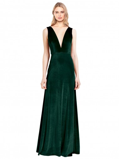 Verde oscuro línea A Cuello en V Terciopelo Elástico Largo Formales Vestidos de dama de honor / Vestidos de fiesta