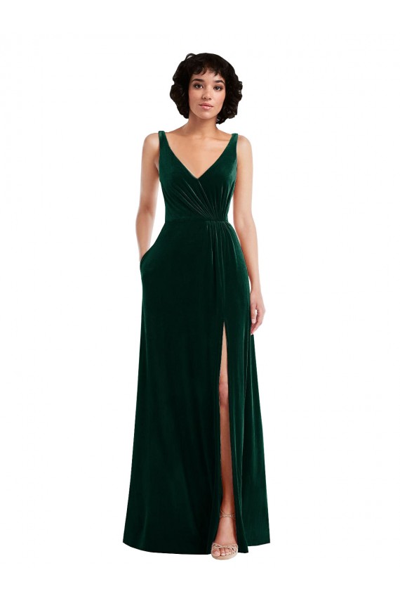 Verde oscuro línea A Cuello en V Terciopelo Elástico Largo Vestidos de dama de honor / Vestidos de fiesta
