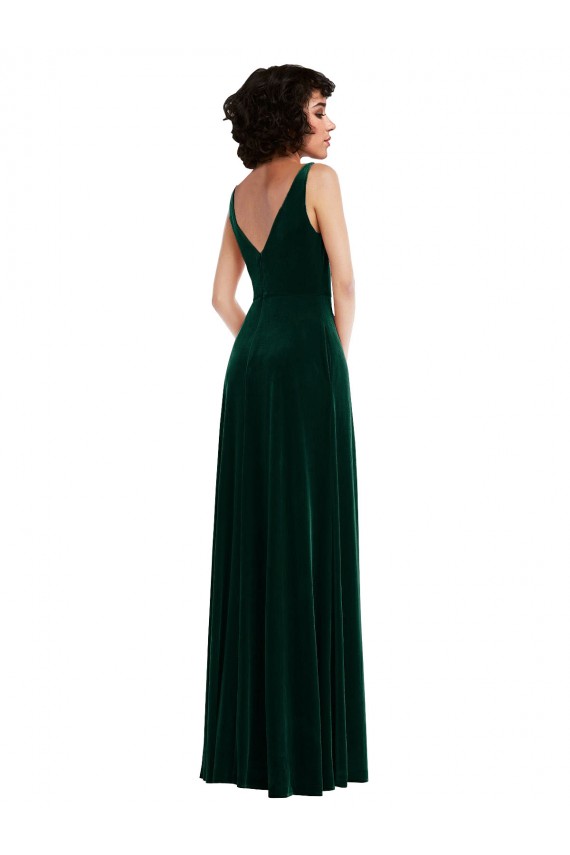 Verde oscuro línea A Cuello en V Terciopelo Elástico Largo Vestidos de dama de honor / Vestidos de fiesta