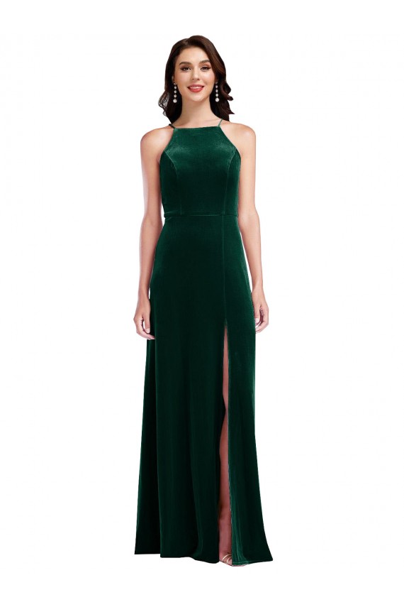 Verde oscuro línea A Halter Cuello Alto Terciopelo Elástico Largo Vestidos de dama de honor / Vestidos de fiesta
