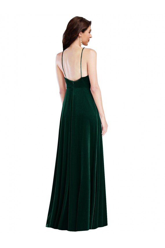 Verde oscuro línea A Halter Cuello Alto Terciopelo Elástico Largo Vestidos de dama de honor / Vestidos de fiesta