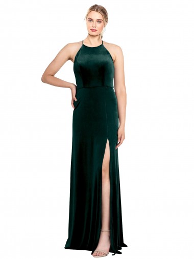 Verde oscuro línea A Tirantes espagueti Cuello joya Terciopelo Elástico Largo Vestidos de dama de honor / Vestidos de fiesta