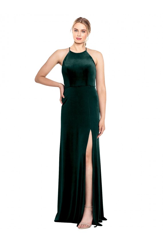 Verde oscuro línea A Tirantes espagueti Cuello joya Terciopelo Elástico Largo Vestidos de dama de honor / Vestidos de fiesta