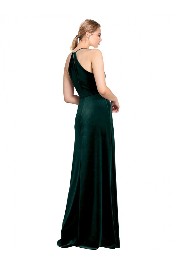 Verde oscuro línea A Tirantes espagueti Cuello joya Terciopelo Elástico Largo Vestidos de dama de honor / Vestidos de fiesta