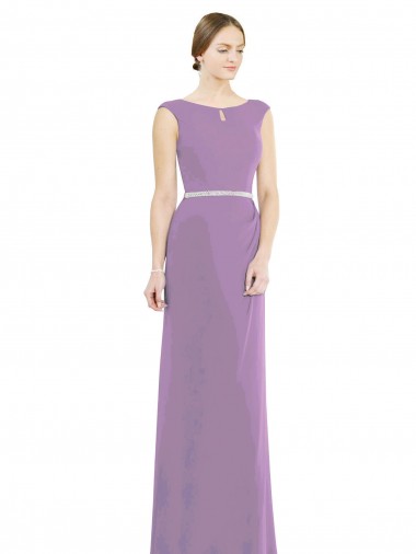 lavanda oscura línea A Cuello Barco Cuello Alto Gasa Largo Vestidos de dama de honor