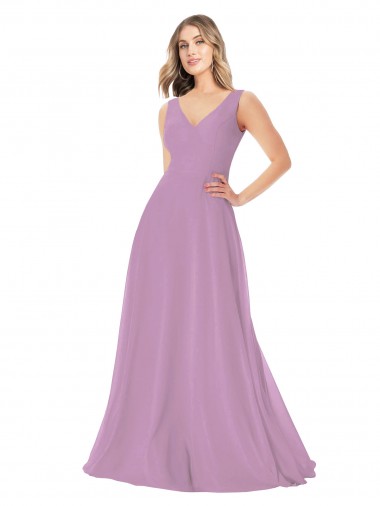 lavanda oscura línea A Cuello en V Gasa Largo Vestidos de dama de honor