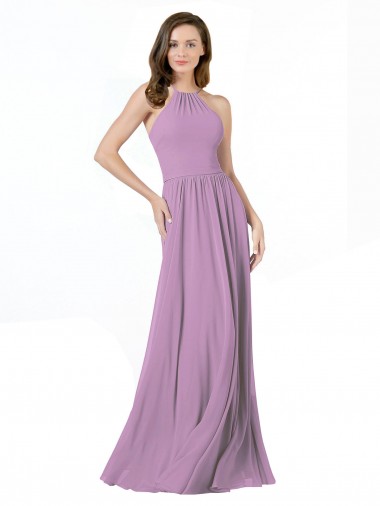 lavanda oscura línea A Halter Gasa Largo Vestidos de dama de honor
