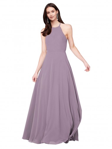 lavanda oscura línea A Halter Gasa Largo Vestidos de dama de honor