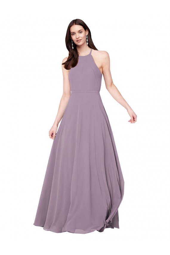 lavanda oscura línea A Halter Gasa Largo Vestidos de dama de honor