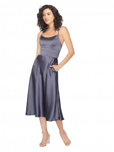 línea A Cucharón Midi Satén sedoso Corto Vestidos de dama de honor / Vestidos de fiesta / Vestidos de cóctel