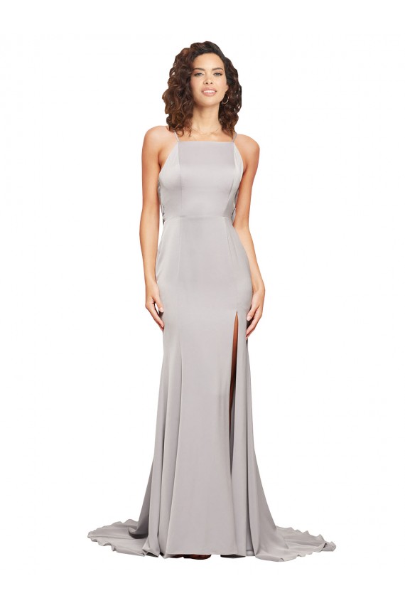 línea A Cuello Alto Barrer tren Satén elástico Largo Formales Vestidos de dama de honor / Vestidos de fiesta
