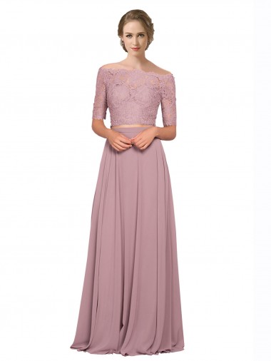 línea A Hombros Descubiertos Gasa Encaje Largo Vestidos de dama de honor / Vestidos de fiesta
